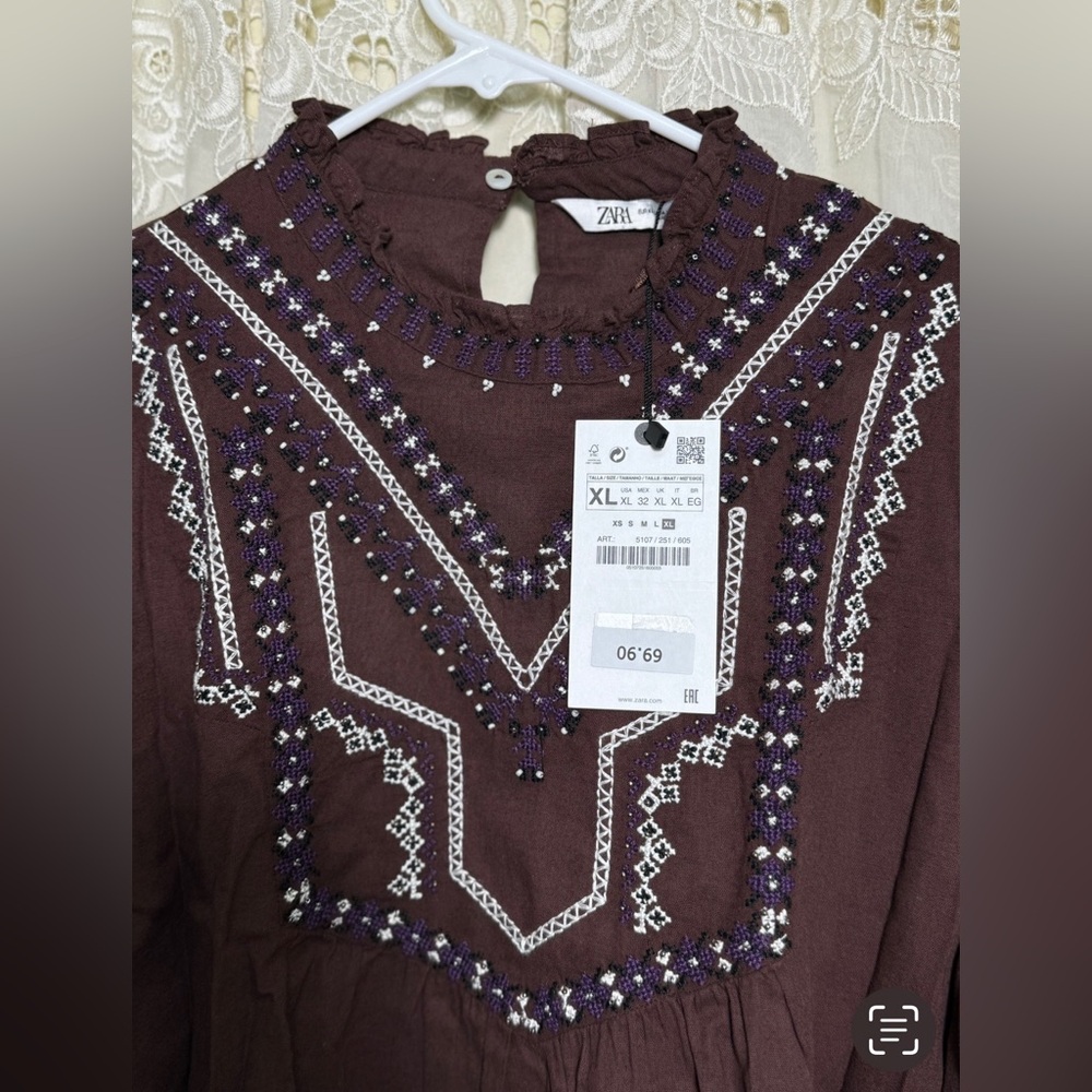 Zara Embroidered & Beaded Long-Sleeve Tunic - Brown with White & Purple Accents - Picture 6 of 13